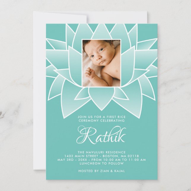 Invitation Turquoise Blanc Lotus Premier Riz Photo (Devant)