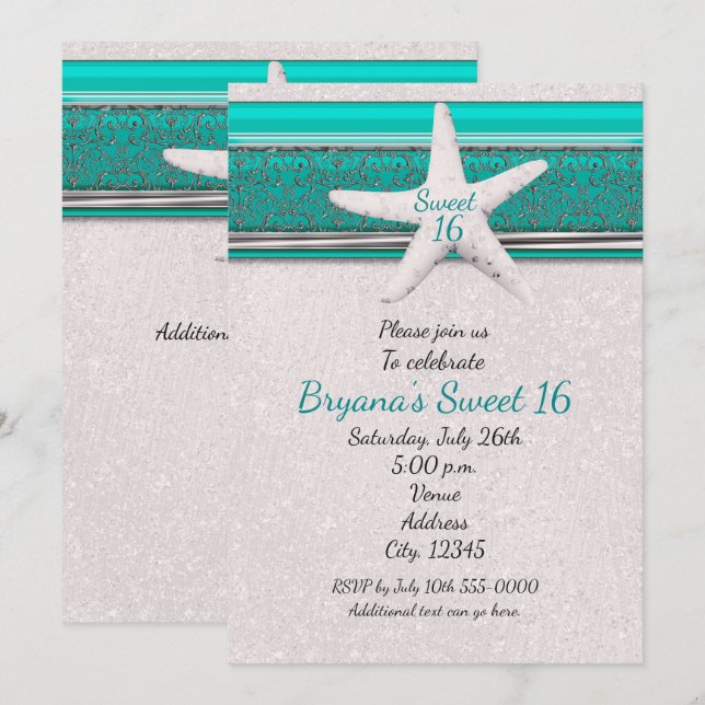 Invitation Turquoise & blanc Starfish Beach Sweet 16 Invitati (Devant / Derrière)