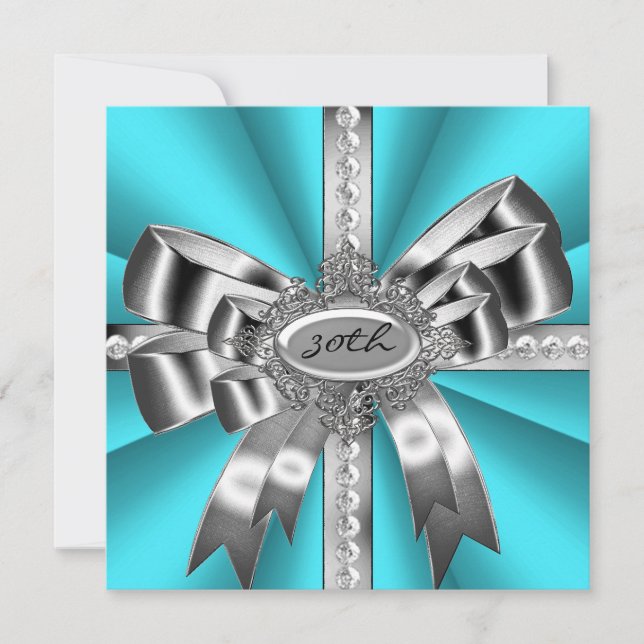 Invitation Turquoise bleu Aqua Bow Argent 30e Black White Gem (Devant)