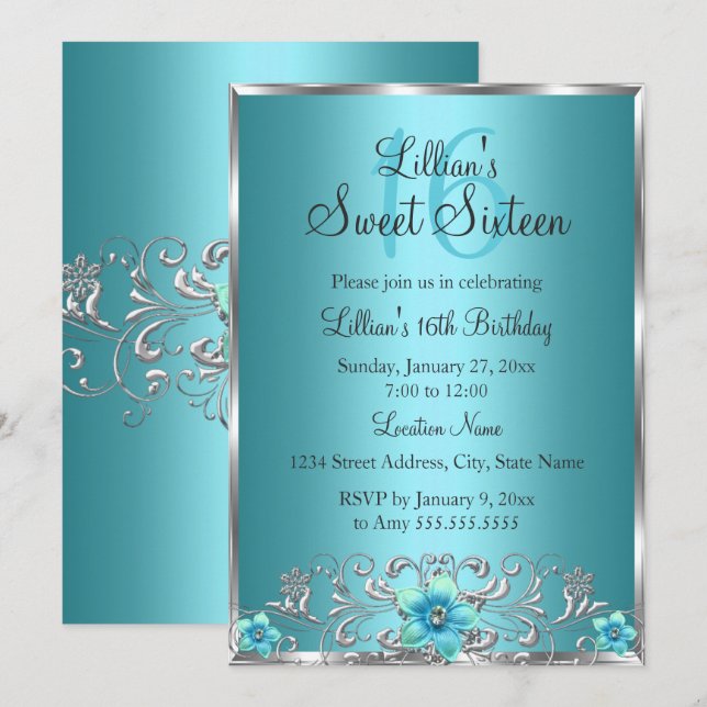 Invitation Turquoise Bleu Argent Floral Swirl Sweet 16 Invita (Devant / Derrière)