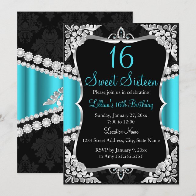 Invitation Turquoise Bleu Argent Noir Tiara Sweet 16 Invitati (Devant / Derrière)