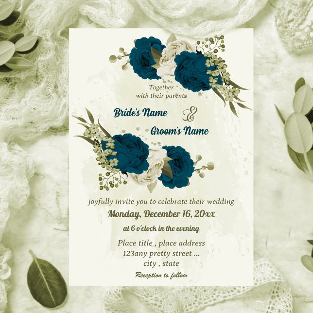Invitation turquoise bleu beige fleurs mariage botanique (Créateur téléchargé)