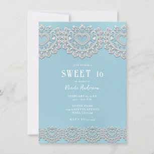 Invitation Turquoise Bleu Blanc Dentelle Cœur Douce 16