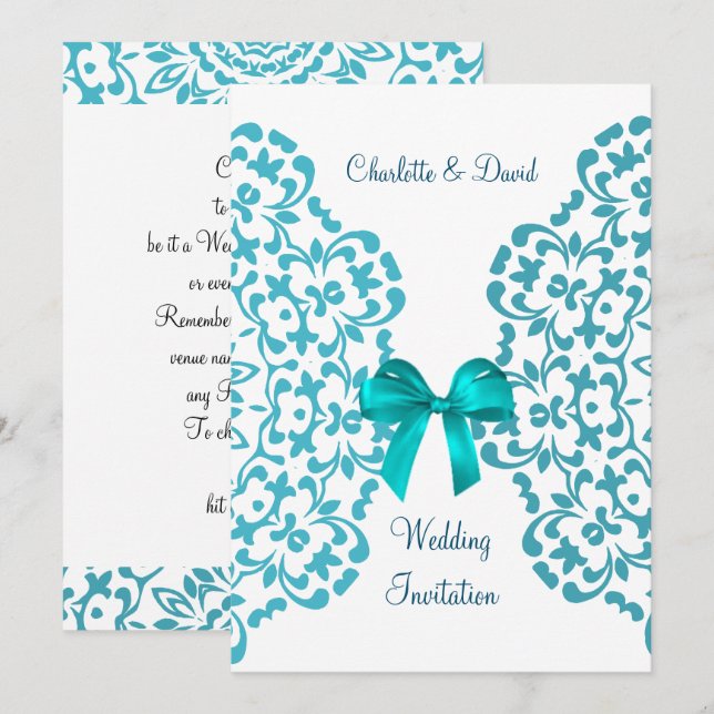 Invitation Turquoise Bleu Blanc Élégant Mariage en dentelle C (Devant / Derrière)