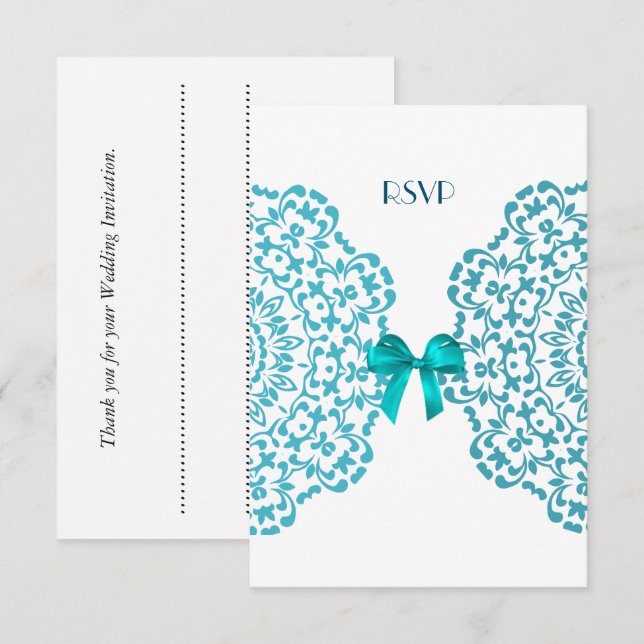 Invitation Turquoise Bleu Blanc Élégant Mariage en dentelle C (Devant / Derrière)