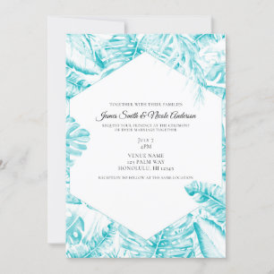 Invitation Turquoise Bleu Blanc Tropical Palm Feuille Mariage