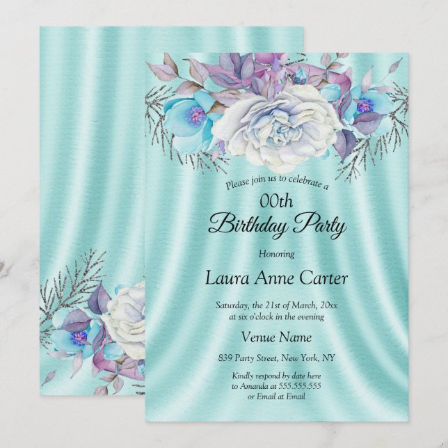 Invitation Turquoise Bleu Blanc Violet Floral fête d'annivers (Devant / Derrière)