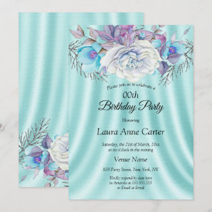 Invitation Turquoise Bleu Blanc Violet Floral fête d'annivers
