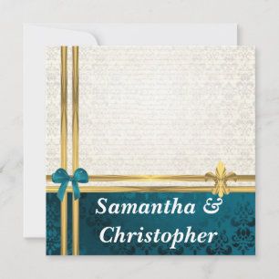 Invitation Turquoise bleu & crème damask & or ruban mariage