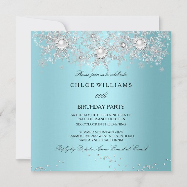 Invitation Turquoise bleu cristal Pearl Flocon de neige hiver (Devant)