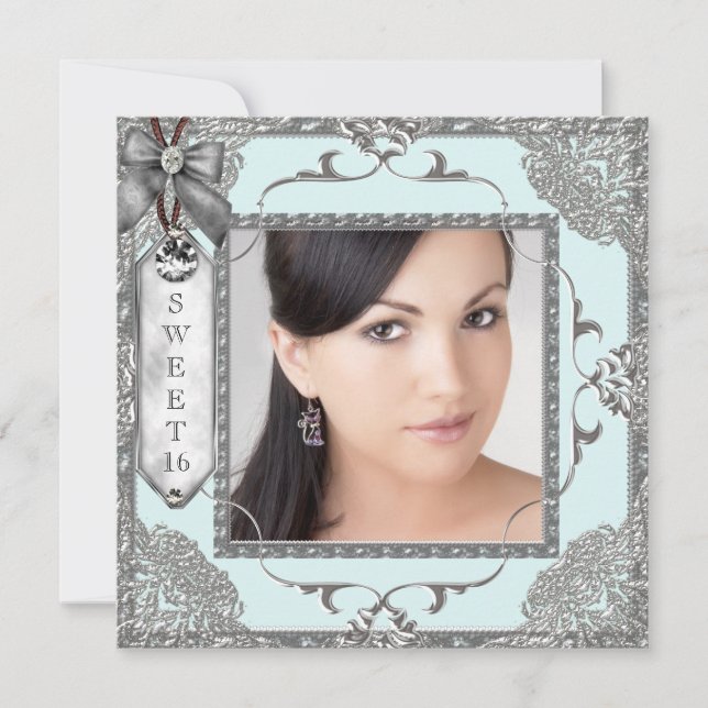 Invitation Turquoise bleu et argent Photo Sweet 16 Anniversai (Devant)