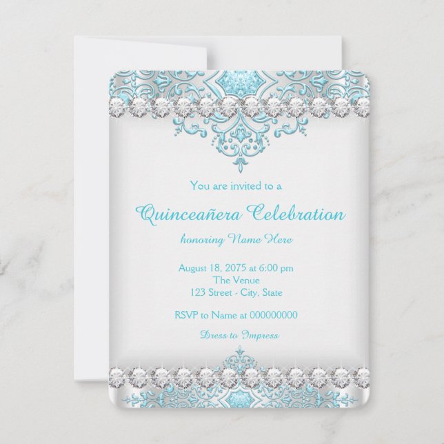 Invitation Turquoise Bleu et Diamant Argent Quinceañera (Devant)