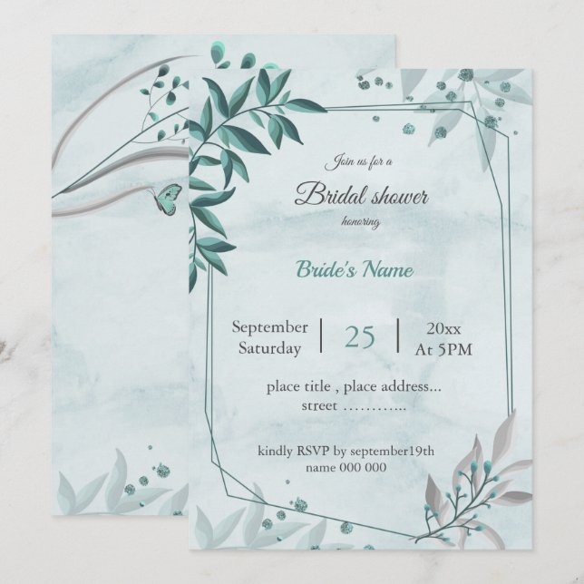 Invitation turquoise bleu feuille fleuri géométrique douche n (Devant / Derrière)