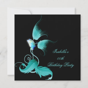 Invitation Turquoise Bleu Floral Papillon noir fête d'anniver
