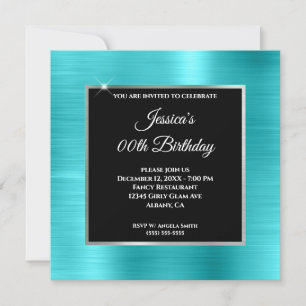Invitation Turquoise Bleu Glam Argent Cadre Noir Anniversaire