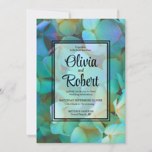 Invitation Turquoise bleu jaune rose hydrangée fleurs