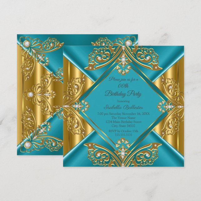 Invitation Turquoise Bleu N'importe quel âge Anniversaire Par (Devant / Derrière)