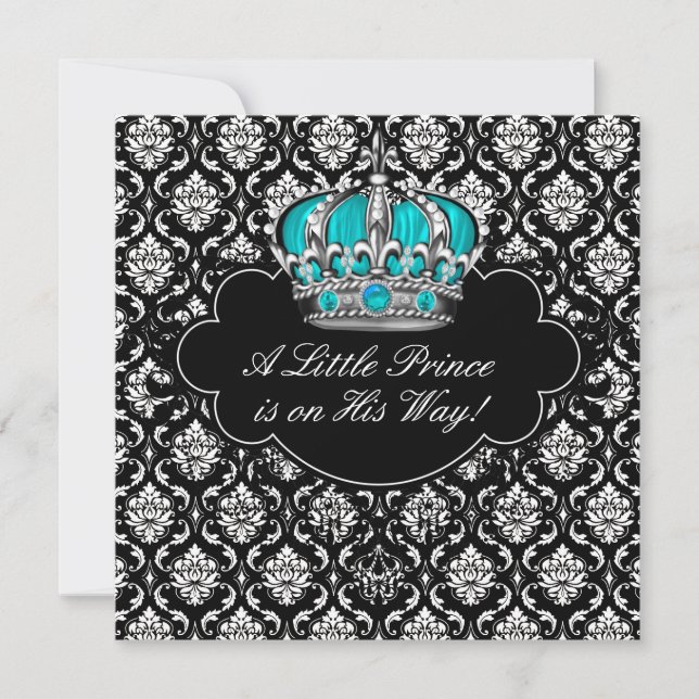 Invitation Turquoise Bleu Noir Damas Prince Bébé Garçon Douch (Devant)