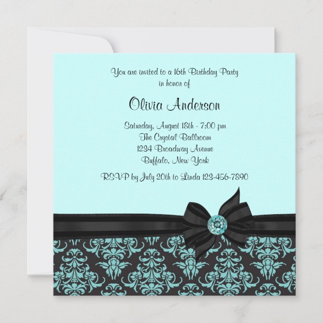 Invitation Turquoise Bleu Noir Damas Sweet 16 Party (Devant)