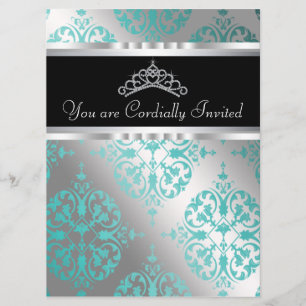 Invitation Turquoise Bleu Noir Damas Tiara Turquoise Quincean
