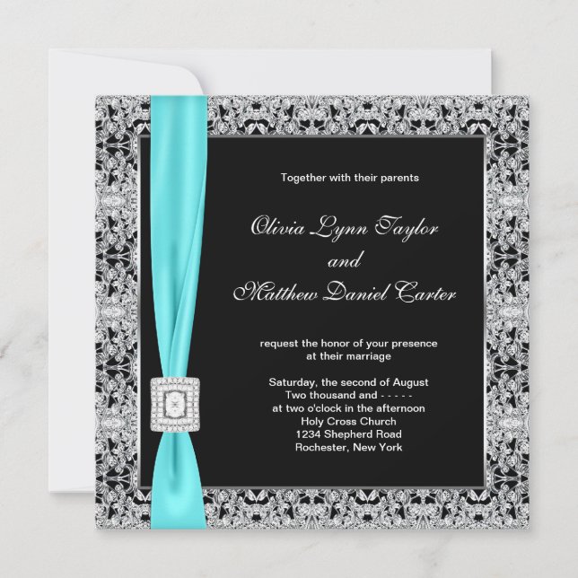 Invitation Turquoise bleu noir et Mariage argenté (Devant)