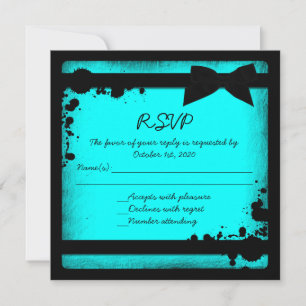 Invitation Turquoise bleu noir ruban grunge mariage RSVP
