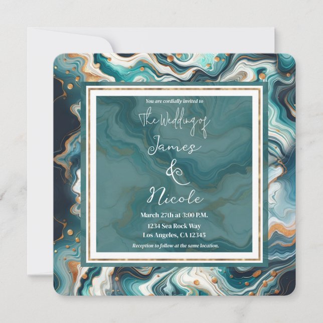 Invitation Turquoise Bleu Or Blanc Marbre moderne Agate Maria (Devant)