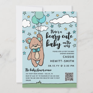 Invitation Turquoise Bleu QR Code Beary Cute Boy Baby shower