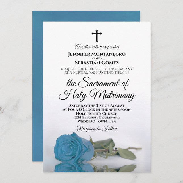 Invitation Turquoise Bleu Rose Chic Mariage catholique modern (Devant / Derrière)