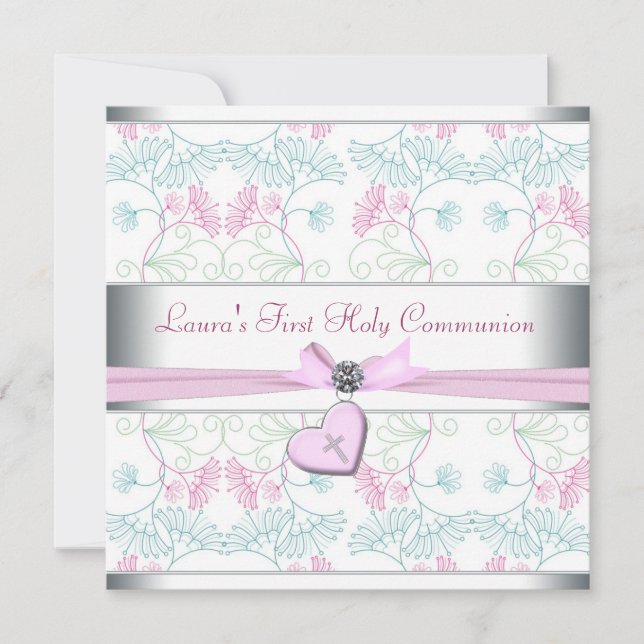 Invitation Turquoise bleu rose Coeur blanc rose Croix rose Pr (Devant)