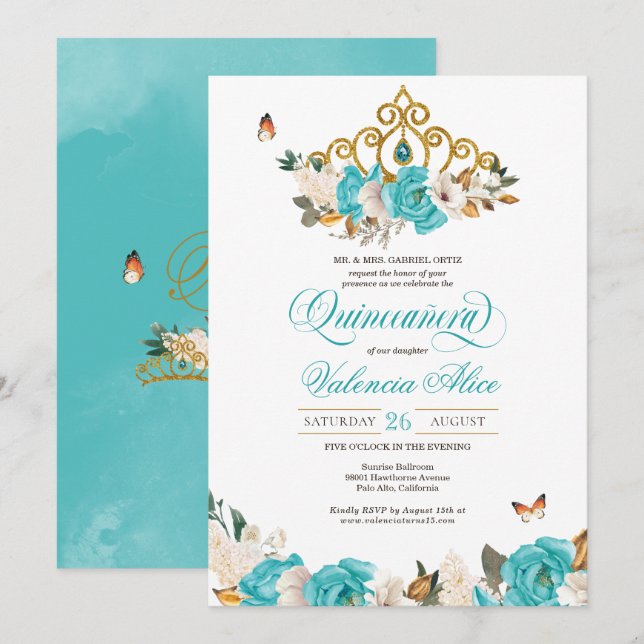 Invitation Turquoise Bleu Rose Golden Tiara Butterfly Quince (Devant / Derrière)
