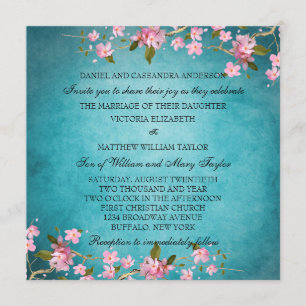 Invitation Turquoise bleu rose japonais cerisier fleurs Maria