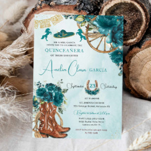 Invitation Turquoise Bleu Vert Floral Charro Ouest Quinceaner