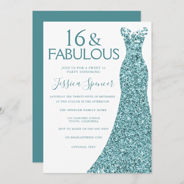 Invitation Turquoise bleu vert Parties scintillant robe sucré (Devant / Derrière)
