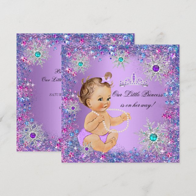 Invitation Turquoise bleu violet rose princesse Baby shower B (Devant / Derrière)