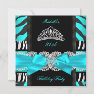 Invitation Turquoise Bleu Zèbre Noir Blanc Tiara fête d'anniv
