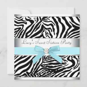 Invitation Turquoise Bleu Zèbre Sweet sixteen Anniversaire Fê