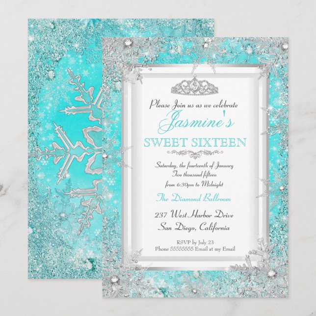 Invitation Turquoise Blue Aqua Silver Winter Wonderland Sweet (Devant / Derrière)
