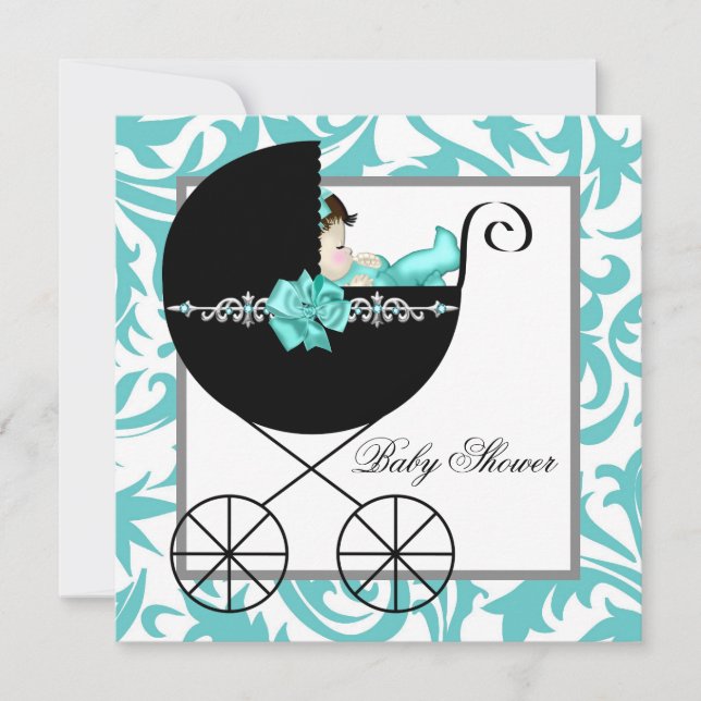 Invitation Turquoise Blue Baby Carriage Baby Shower Invitatio (Devant)