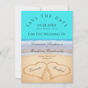 Invitation Turquoise Blue Beach Mariage 2 Coeurs dans le sabl