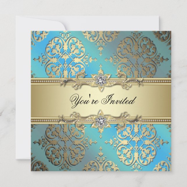 Invitation Turquoise Blue Black Gold Damask Party (Devant)