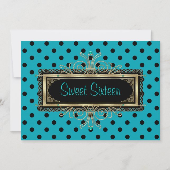 Invitation Turquoise Blue Black Gold Sweet sixteen fête d'ann (Devant)