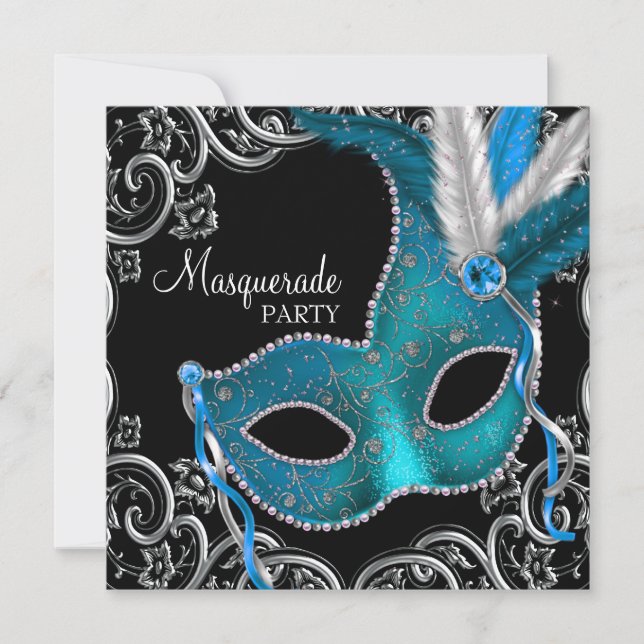 Invitation Turquoise Blue Black Masquerade (Devant)