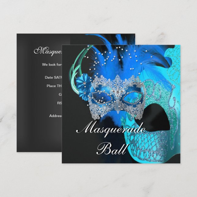 Invitation Turquoise Blue Black Masquerade Ball Party (Devant / Derrière)