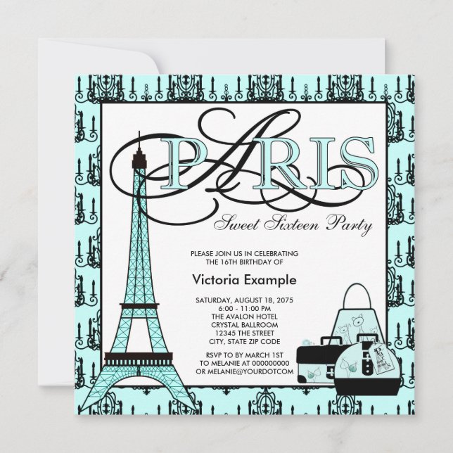 Invitation Turquoise Blue Black Paris Sweet 16 Anniversaire (Devant)