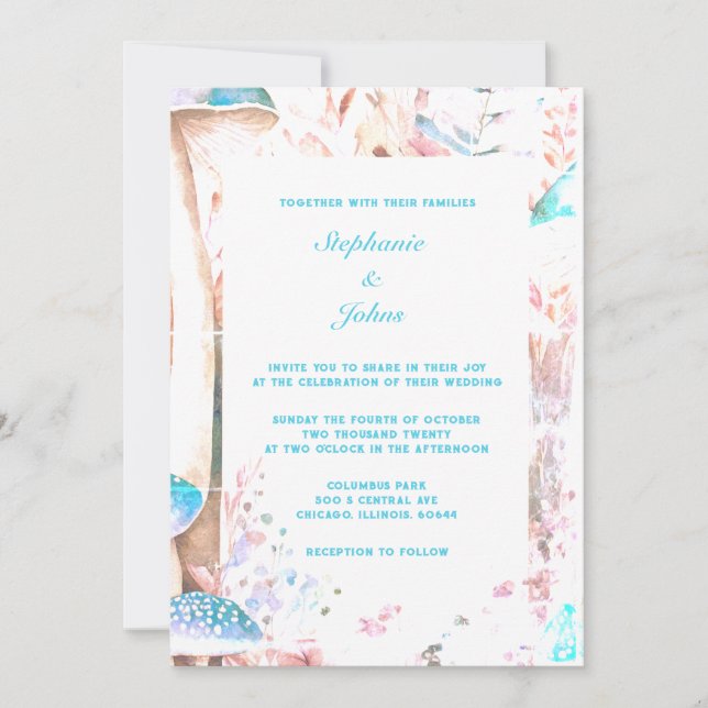 Invitation Turquoise Blue Boho Woodland Champignons Mariage d (Devant)