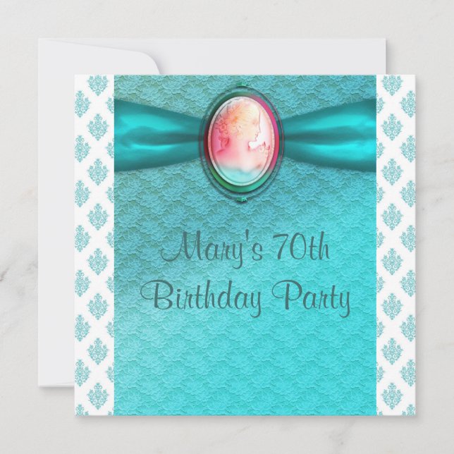 Invitation Turquoise Blue Cameo femmes 70e fête d'anniversair (Devant)