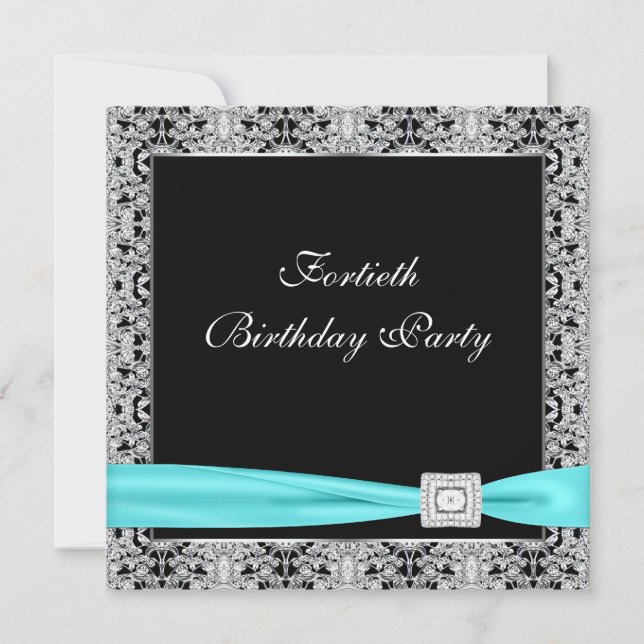 Invitation Turquoise Blue Classy Noir 40e fête d'anniversaire (Devant)