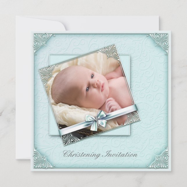 Invitation Turquoise Blue Damask Girl Photo Christening (Devant)