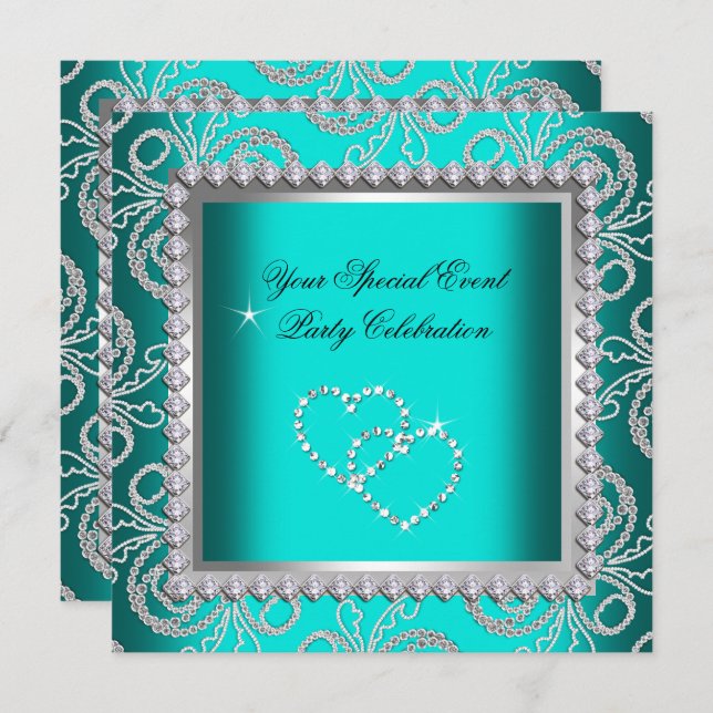 Invitation Turquoise Blue Damask Silver Diamonds Heart Party (Devant / Derrière)